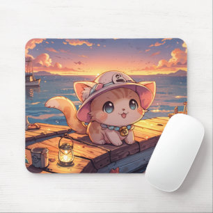 Tapis De Souris Chibi Chat Mignon au Coucher de Soleil du Port – F