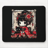 Tapis De Souris Chibi Kimono Girl Black Cat Flowers Japanese Art W (Devant)
