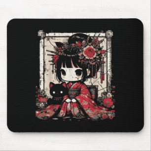 Tapis De Souris Chibi Kimono Girl Fleurs de chats noirs Art W japo