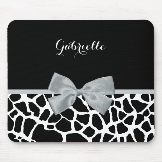 Tapis De Souris Chic Black and White Giraffe Print Silver Gray Bow (Devant)