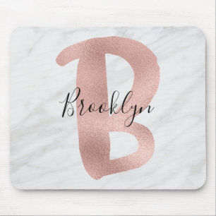 Tapis De Souris Chic Blanc & Gris Marbre Rose Or B Monogramme Nom