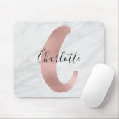 Tapis De Souris Chic Blanc & Gris Marbre Rose Or Monogramme Nom (Avec souris)