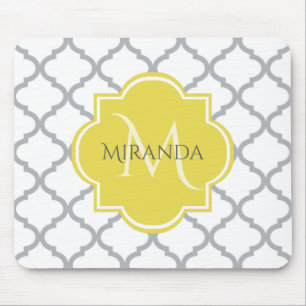 Tapis De Souris Chic Blanc Gris Quatrefoil Jaune Nom Monogramme
