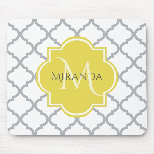Tapis De Souris Chic Blanc Gris Quatrefoil Jaune Nom Monogramme (Devant)
