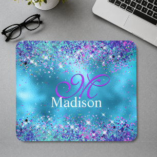 Tapis De Souris Chic Bleu rose iridescent paillettes monogramme