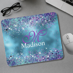 Tapis De Souris Chic Bleu rose iridescent paillettes monogramme