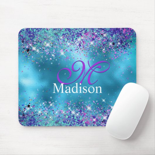 Tapis De Souris Chic bleu rose irisé parties scintillant monogramm (Avec souris)