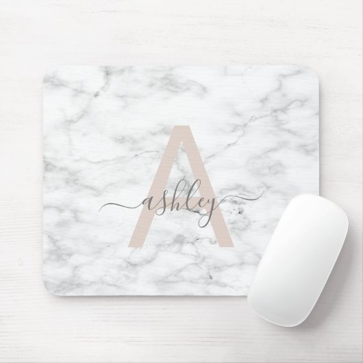 Tapis De Souris Chic Blush Pink White Marble Script Nom monogram (Avec souris)