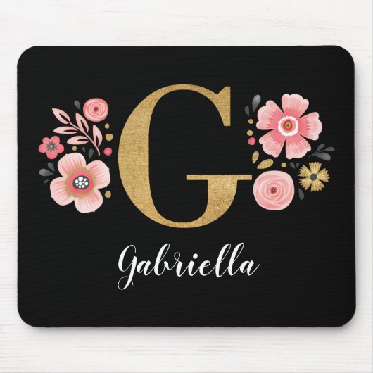 Tapis De Souris Chic Floral Monogramme initial Black Gold Lettre G (Devant)