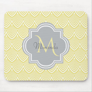 Tapis De Souris Chic Jaune Art Déco Scallops Grey Monogramme Nom