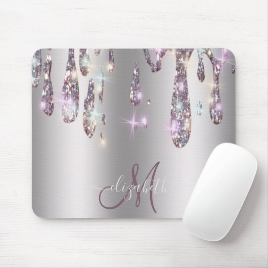 Tapis De Souris Chic Moderne Gouttes d'Argent Monogramme (Avec souris)