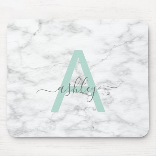 Tapis De Souris Chic Neo Mint Marbre blanc Nom du script Monogramm (Devant)