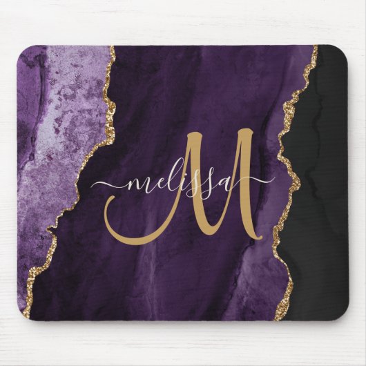 Tapis De Souris Chic Purple Gold Agate Script Personnalisé Monogra (Devant)