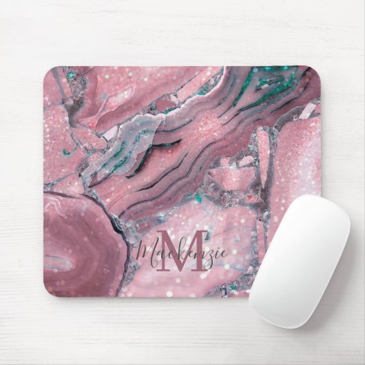 Tapis De Souris Chic Rose Gold Agate Geode Sparkle Monogramme (Avec souris)