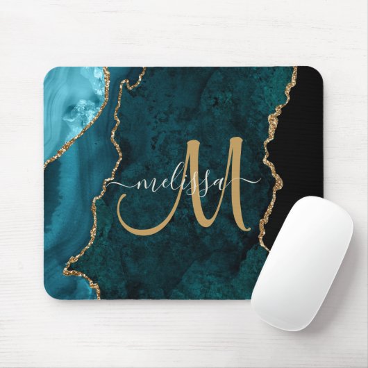 Tapis De Souris Chic Turquoise Gold Agate Script Personnalisé Mono (Avec souris)