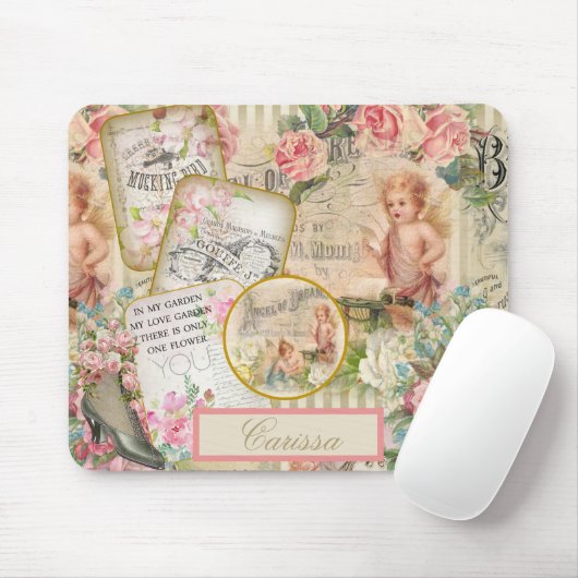Tapis De Souris Chic victorien Ephemera Angels Rose Monogramme (Avec souris)