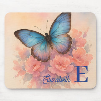 Tapis De Souris Chic Watercolor Butterfly Floral Nom personnalisé