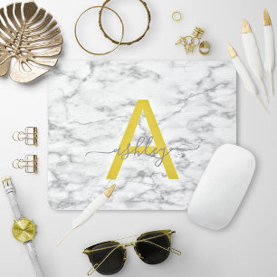 Tapis De Souris Chic Yellow Gray White Marble Script Name Monogram