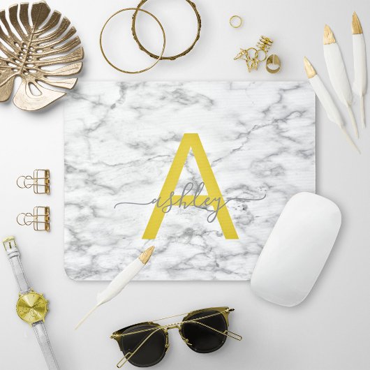 Tapis De Souris Chic Yellow Gray White Marble Script Name Monogram
