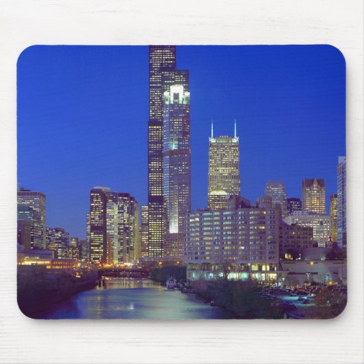 Tapis De Souris Chicago, Illinois, Skyline la nuit avec Chicago (Devant)