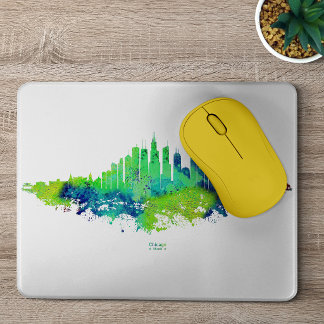 Tapis De Souris Chicago Skyline Watercolor Blue & Lime Art Prints