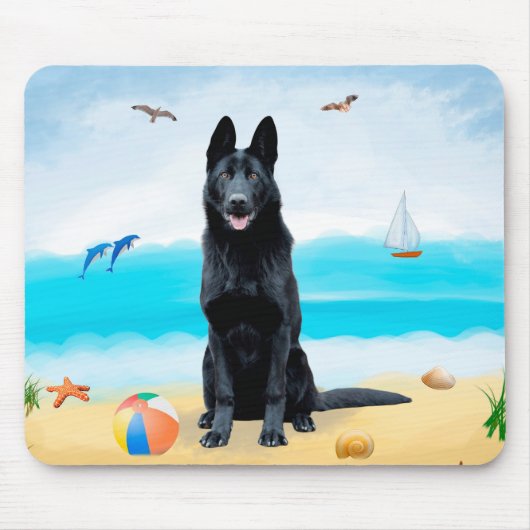 Tapis De Souris Chien berger allemand noir sur la plage (Devant)