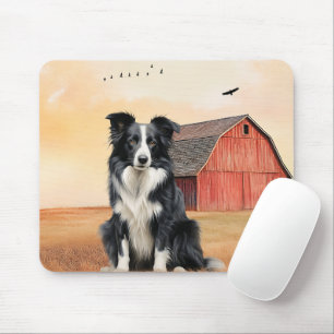 Tapis De Souris Chien Border Collie et ranch à grange rouge