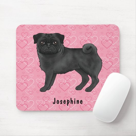 Tapis De Souris Chien Carlin Noir Mops Cute Mops Et Coeurs Rose Av (Avec souris)