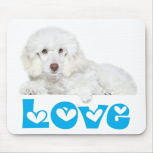 Tapis de souris Chien chiot Caniche blanc Coeurs d