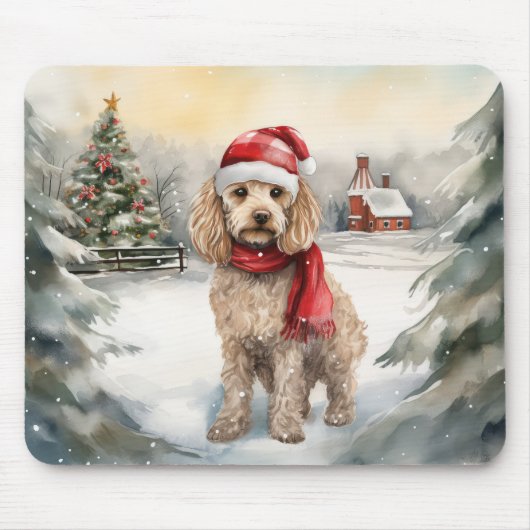 Tapis De Souris Chien Cockapoo dans la neige de Noël (Devant)
