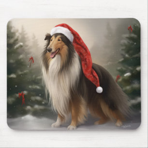Tapis De Souris Chien Colley à poil long dans la neige de Noël