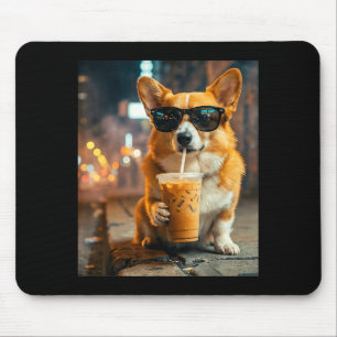 Tapis De Souris Chien corgi buvant un café glacé mème animal drôle
