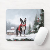 Tapis De Souris Chien de Boston Terrier pendant Noël de neige (Avec souris)