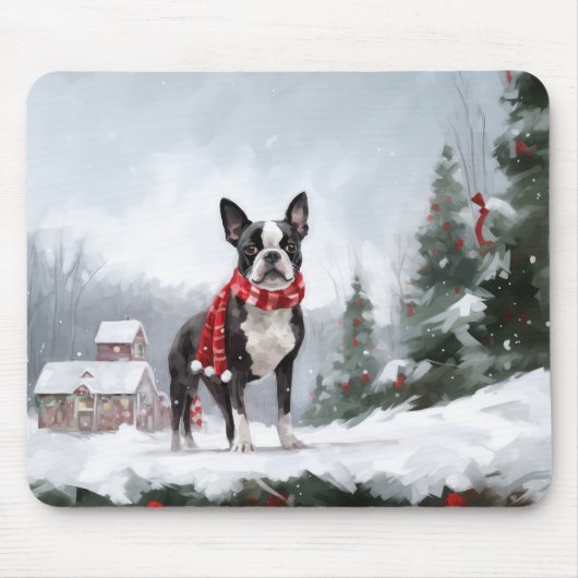 Tapis De Souris Chien de Boston Terrier pendant Noël de neige (Devant)