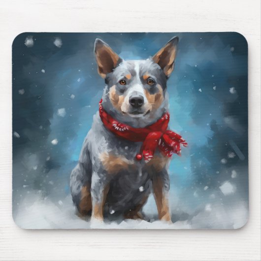 Tapis De Souris Chien de Heeler Bleu à Noël de neige (Devant)