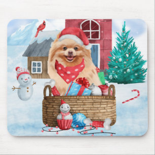 Tapis De Souris Chien de Poméranie dans la neige Maison de Chien d