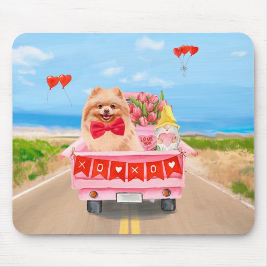 Tapis De Souris Chien de Poméranie Saint Valentin Coeurs de Camion (Devant)