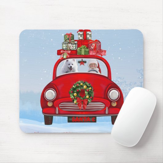 Tapis De Souris Chien Eskimo Américain En Voiture Avec Santa Claus (Avec souris)