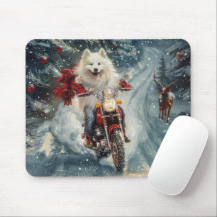 Tapis De Souris Chien Esquimau Américain à moto pour Noël
