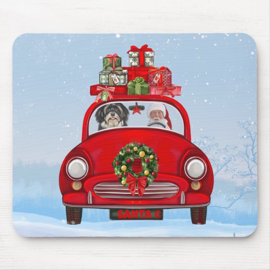 Tapis De Souris Chien Havanais en voiture avec le Père Noël (Devant)