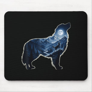 Tapis De Souris Chien hurlant forêt de montagne au clair de lune a