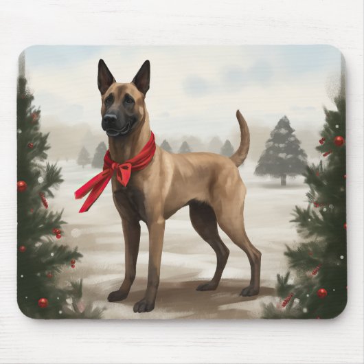 Tapis De Souris Chien malinois belge à Noël de neige (Devant)