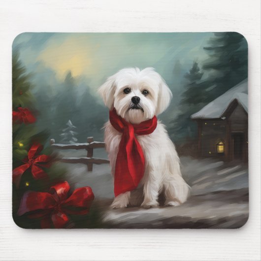 Tapis De Souris Chien maltais à Noël de neige (Devant)