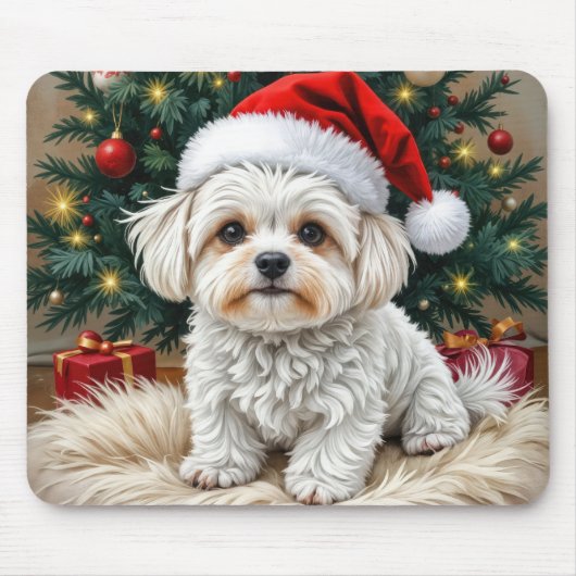 Tapis De Souris Chien maltais de Noël sur un Coussin à fourrure (Devant)