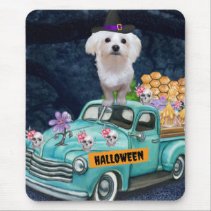 Tapis De Souris Chien maltais Halloween camion nuit effrayante