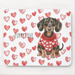 Tapis De Souris Chien Marron Dachshund Vêtement à Cœurs Rouges et