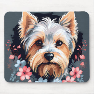 Tapis De Souris Chien mignon Yorkshire Terrier Fleurs