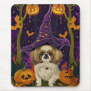 Tapis De Souris Chien Pékin Spooky Halloween Sorcière Et Citrouill