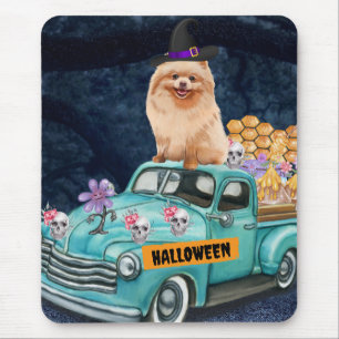 Tapis De Souris Chien Poméranie Halloween Camion Nuit Effrayante