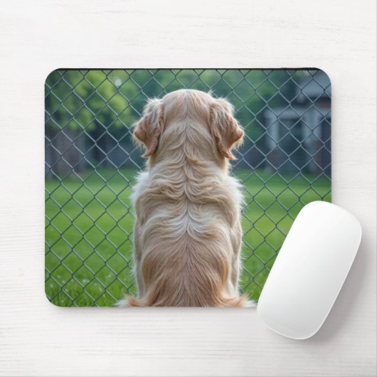 Tapis De Souris Chien regardant à travers une clôture en chaîne (Avec souris)